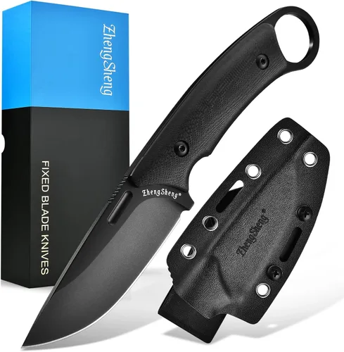 ZhengSheng Cuchillo de hoja fija con funda, hoja de acero DC53 de 3.2 pulgadas con revestimiento de titanio negro y mango G10 de espiga completa