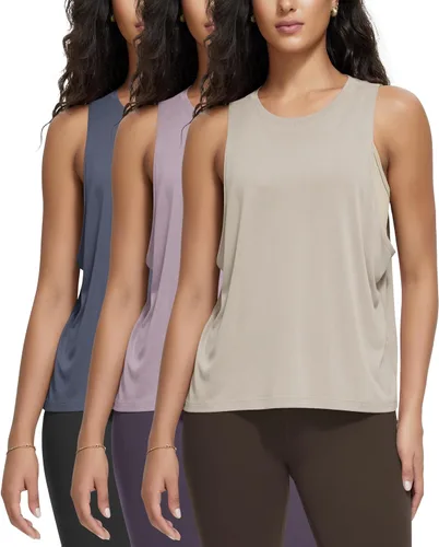 Miniatura 13 de ODODOS Paquete de 3 camisetas sin mangas sueltas para mujer, camisetas sin mangas para gimnasio, atletismo, entrenamiento, camisetas de yoga