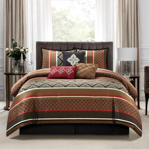 Miniatura 10 de Grand Avenue Juego de edredón geométrico negro y dorado, tamaño California King, juego de ropa de cama jacquard de 7 piezas, ultra suave, fundas a