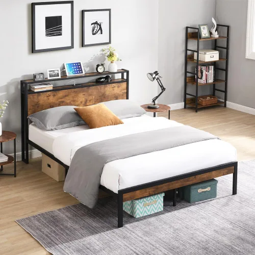 Miniatura 7 de Base de cama industrial tamaño matrimonial, marco de cama de plataforma con tomas de corriente y 2 puertos USB y con cabecera de almacenamiento de 2
