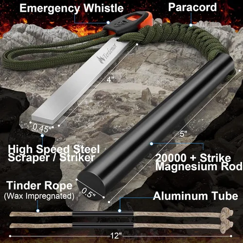 Miniatura 3 de Kit de arranque de fuego con barra de ferro – Pedernal y acero de 5" con dos cordones de yesca encerada y paracord para camping, senderismo
