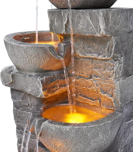 Miniatura 6 de Teamson Home Fuente de Agua LED para Exteriores de 33.25 pulgadas con Tazones en Cascada y Piedras Apiladas para Jardines, Paisajismo, Patios, Gris
