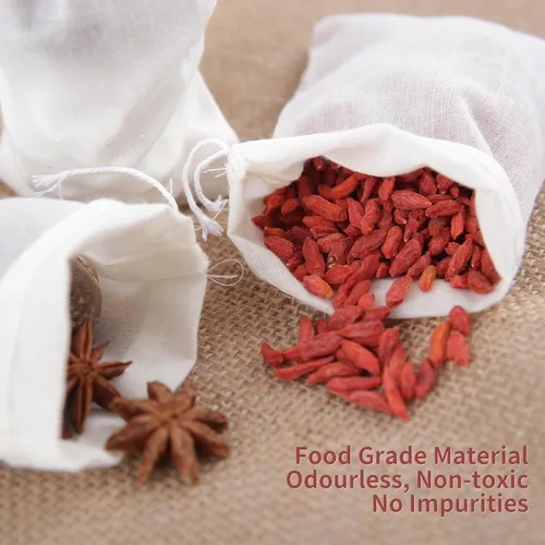 Miniatura 7 de YICHEN 50 bolsas de especias vacías para cocinar sopa, bolsas de filtro de té pequeñas blancas con cordón, material de algodón, bolsas de muselina