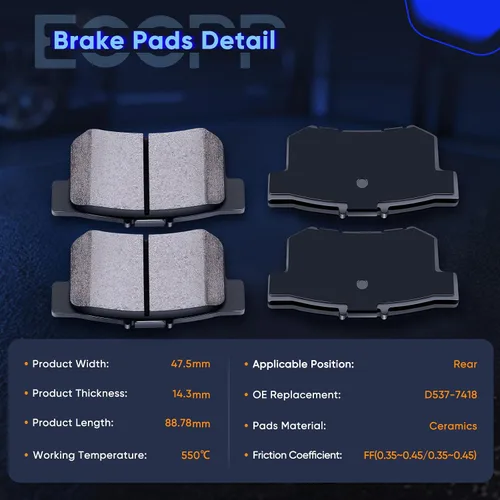 Miniatura 5 de Pastillas de freno, ECCPP D465 D537 8 piezas de kits de freno de cerámica aptos para 1997 1998 1999 para Acura CL, 1991-1997 para Honda para Accord