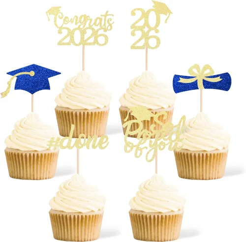 Miniatura 7 de 36 adornos para cupcakes de graduación de clase 2026, con purpurina azul de doble cara para suministros de fiesta de graduación, decoraciones