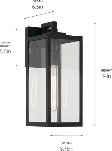 Miniatura 2 de Kichler Branner 59111BKT - Lámpara de pared tradicional para exteriores, con textura negra, de lujo, con cristal transparente, para puertas