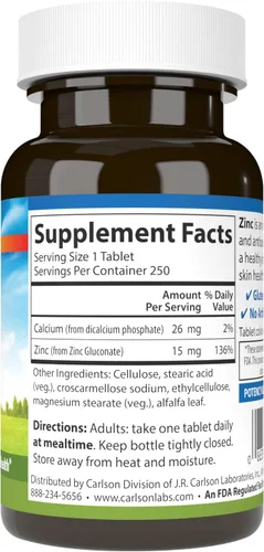Miniatura 2 de Carlson Zinc 15 mg – Suplemento de gluconato de zinc para apoyo inmunológico y salud de la piel – Tabletas de zinc antioxidante – 250