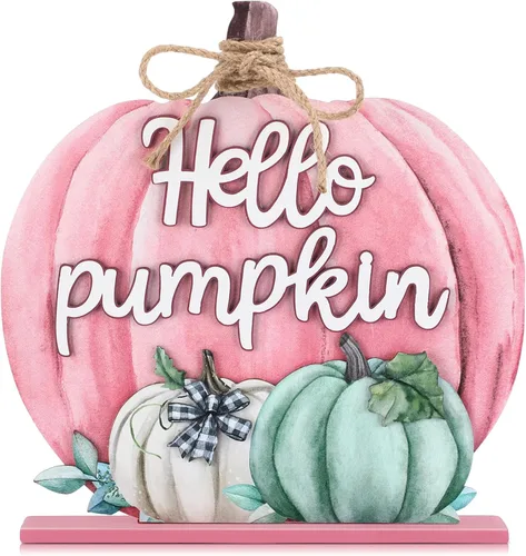 Miniatura 8 de Soaoo Decoración de Acción de Gracias, letrero de madera de otoño con texto en inglés "Hello Pumpkin", decoración de mesa de calabaza de otoño de 11