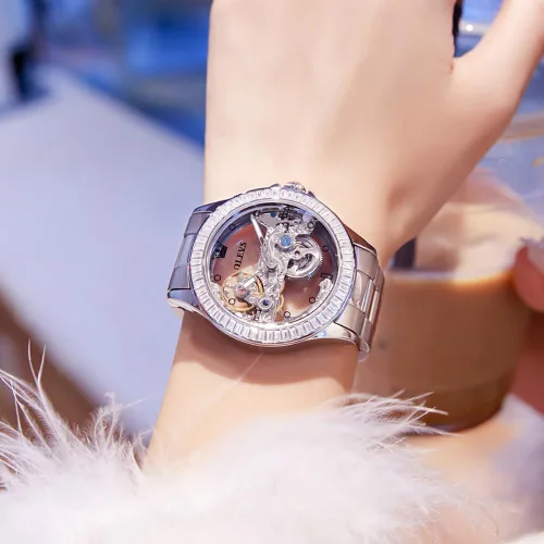 Miniatura 3 de OLEVS Reloj de mujer con diseño de esqueleto, mecánico automático, plateado, de lujo, impermeable, luminoso, para regalo del día de San Valentín