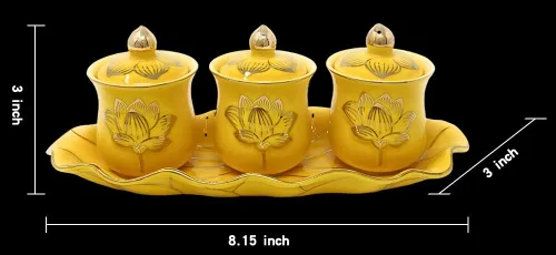 Miniatura 5 de Houlu Juego de 3 tazas de altar, taza de cerámica para ofrenda de agua bendita, taza de adoración budista tibetana (amarillo)