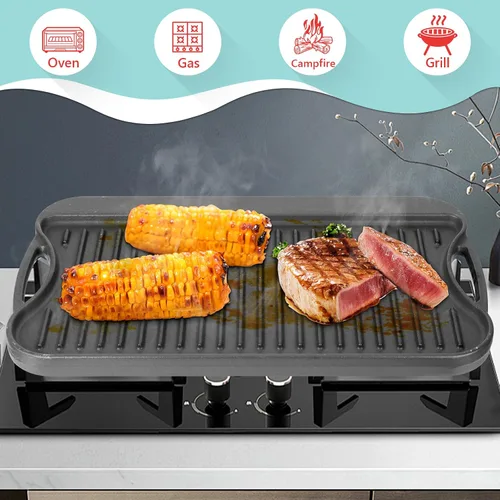 Miniatura 3 de Plancha reversible de hierro fundido 2 en 1 para parrilla de gas, sartén superior plana para estufa de gas, sartén superior para horno pre-sazonado