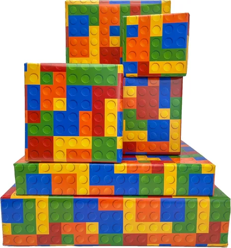 Dtiafu Papel de regalo de bloques de construcción, bonito papel de regalo de cumpleaños para niños y niñas, 20 x 28 pulgadas por hoja (6 hojas)
