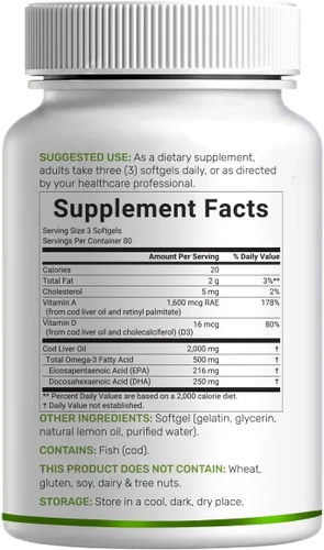 Miniatura 6 de Aceite de hígado de bacalao salvaje capturado 2,000mg por porción, 240 cápsulas blandas – EPA DHA Omega 3 de fuerza extra con vitamina D y A – sin