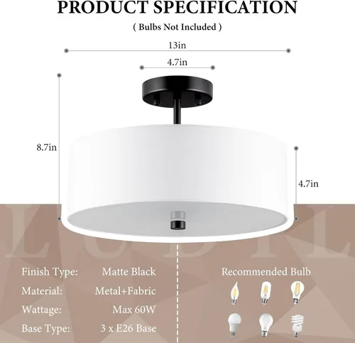 Miniatura 2 de Lámpara de Techo Semiempotrada de 3 Luces, Lámpara de Tambor Negra de 13", Luz de Techo Moderna Cercana al Techo con Pantallas de Tela Blanca Tela