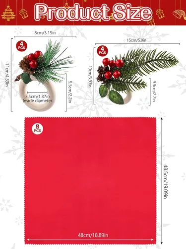 Miniatura 2 de Juego de 16 servilletas y anillos de Navidad, 8 hebillas de servilletas de Navidad y 8 servilletas de Navidad lavables rojas de tela con bayas rojas