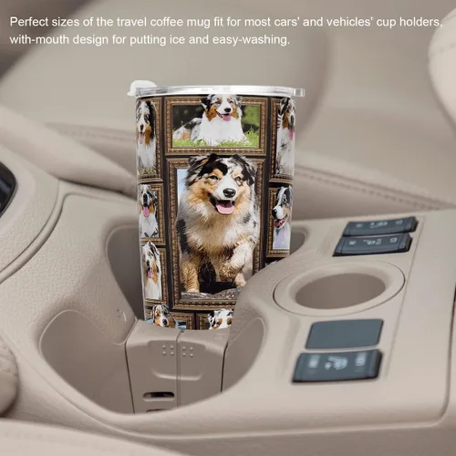 Miniatura 6 de Vaso de perro pastor australiano con tapa, a prueba de derrames, taza de viaje para café helado, botella de agua aislada de acero inoxidable de 20