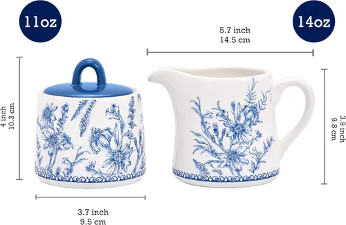 Miniatura 2 de Bico Blue Garden Toile De Jouy - Juego de azucarero y cremera de cerámica, azucarero con tapa, lindo recipiente para barra de café, accesorios