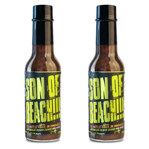 Miniatura 6 de Chile Lengua de Fuego ¡Son of Beach! Salsa picante – 1 botella – Carolina Reaper, ajo ahumado y Scotch Bonnet – calor extremo, lote pequeño, salsa