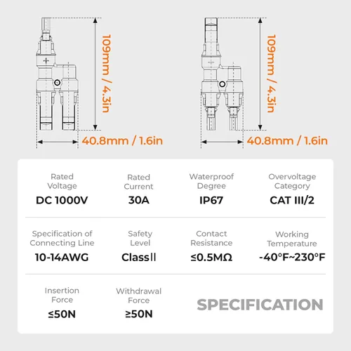 Miniatura 7 de Conector de panel solar de 2 a 1 2 vías, divisor de panel solar de 1000 V FMM+MFF rama en Y, conectores paralelos para conexión paralela entre 2 a 1