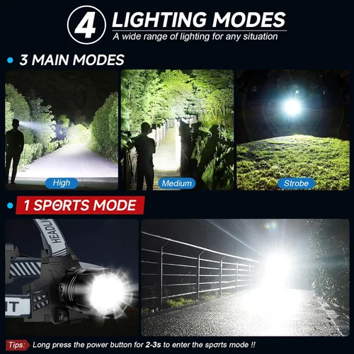 Miniatura 4 de Linterna frontal recargable, 99000 LM LED súper brillante con sensor de movimiento y 3 modos, luces frontales ajustables 90° para la frente, más