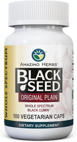 Amazing Herbs Whole Spectrum Black Seed Original Plain, cápsulas vegetarianas – Sin gluten, sin OMG, prensado en frío Nigella Sativa Ayuda en la