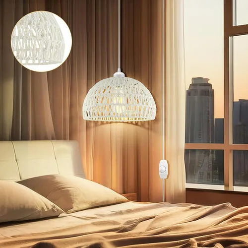 Miniatura 5 de SLYYMY Lámpara colgante enchufable, cable de cuerda de cáñamo de 15 pies, luces colgantes con cable de enchufe, lámpara colgante de ratán, pantalla