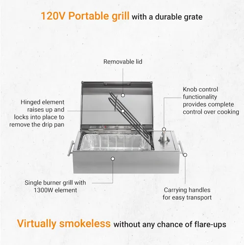 Miniatura 4 de Kenyon B70200 City Grill, parrilla portátil, acero inoxidable, quemador único, control de perilla, tapa facetada, aprobado por UL