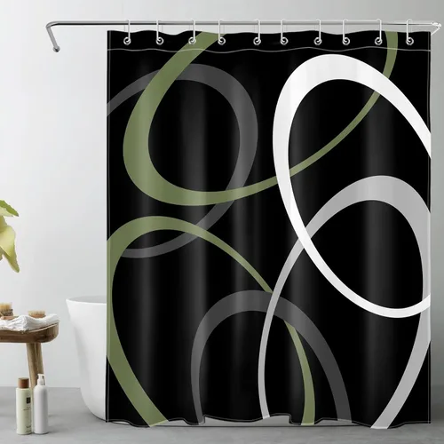 Miniatura 23 de EOBTAIN Cortina de ducha con patrón geométrico azul para baño, cortina de ducha abstracta gris y blanca sobre tela negra con 10 ganchos, cortinas