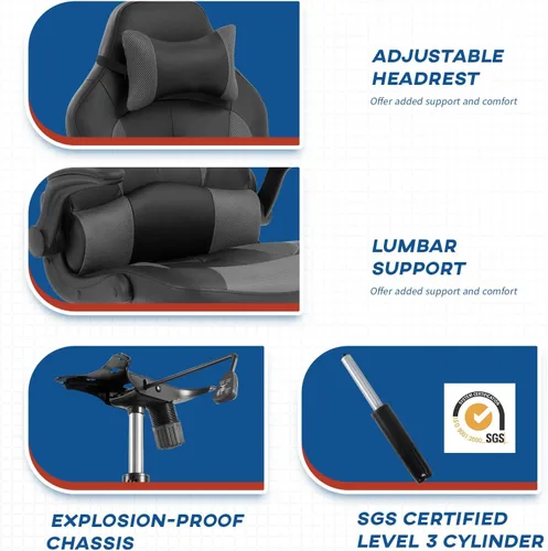 Miniatura 6 de Sillas de juegos para adultos, silla giratoria de piel sintética, ajustable, con soporte lumbar, reposabrazos abatibles, reposacabezas para adultos