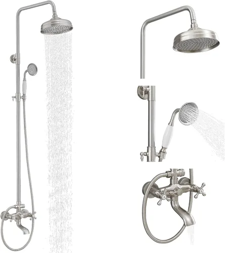 Miniatura 9 de Kit de ducha de latón antiguo para exteriores, ducha expuesta de 8 pulgadas, cabezal de ducha de lluvia de alta presión con rociador de mano