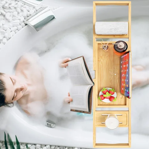 Miniatura 5 de Bandeja de bañera de alta calidad – Bandejas de baño de madera de bambú expandibles para bañera – Bandeja de mesa de bañera para bañera/bañera