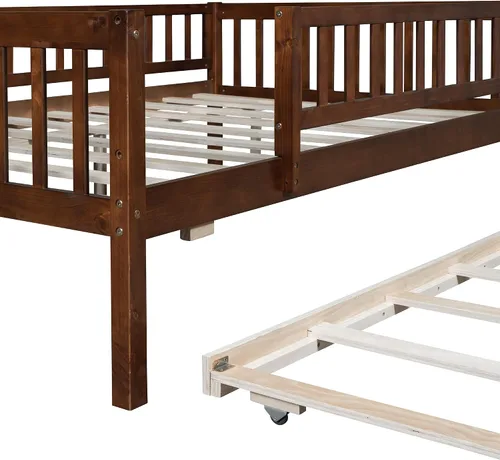 Miniatura 8 de Harper & Bright Designs Cama diván Full con cama nido, marco de cama nido de madera Full con barandas de seguridad, cama Full Montessori para Nuez