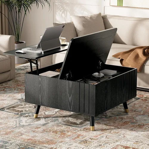 Miniatura 16 de Mesa de centro elevable con almacenamiento, mesa de centro moderna de mediados de siglo con patas de madera maciza, mesa central minimalista Roble