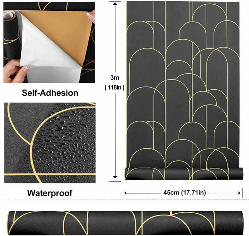 Miniatura 5 de Papel tapiz para despegar y pegar, moderno papel tapiz geométrico negro/dorado, 17.71 x 118 pulgadas, papel tapiz autoadhesivo extraíble, papel