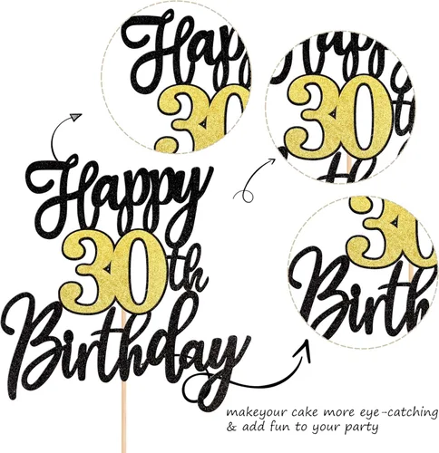 Miniatura 3 de 1 pieza de decoración para pastel de feliz cumpleaños número 30, negro dorado con purpurina, brindis por 30 años, palillo para pastel de cumpleaños