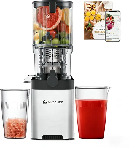 Miniatura 10 de Exprimidor de prensa en frío con autoalimentación extra de 5.2 pulgadas para verduras y frutas enteras, extractor de jugo con barrena grande