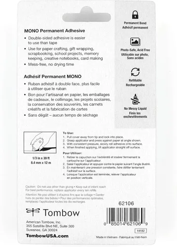 Miniatura 7 de Tombow 62106 Aplicador de Adhesivo Permanente Mono. Ejecutor de Cinta Fácil de Usar para Unión Fuerte e Instantánea.