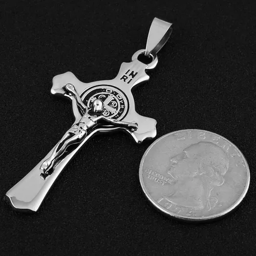 Miniatura 5 de HZMAN Religión Acero Inoxidable Saint St. Benedict Crucifijo Cruz Colgante Collar INRI