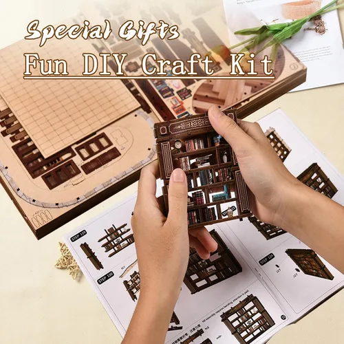 Miniatura 4 de OZJAY Kit de rincón de libros, rompecabezas de madera 3D para adultos, decoración de casa pequeña, kits de manualidades para familiares amigos