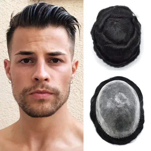 Miniatura 44 de Toupee para hombres pieza de pelo suave poli piel real sistema de cabello humano para hombre tupé durable PU piezas de pelo para hombres reemplazo