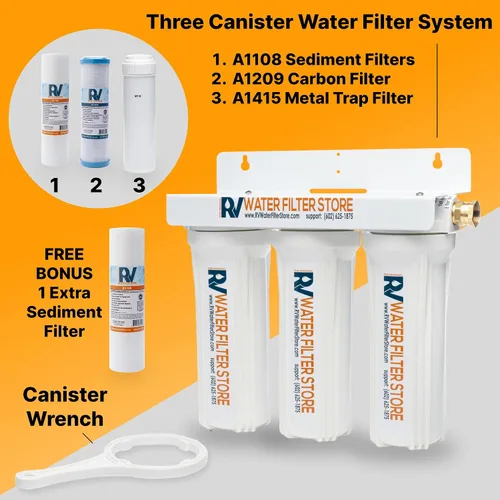 Miniatura 2 de Sistema de Filtro de Agua Mejorado para RV – Filtración de Triple Cápsula para Hierro, Metales Pesados y Sedimentos – Bloque de Carbono de 0.5