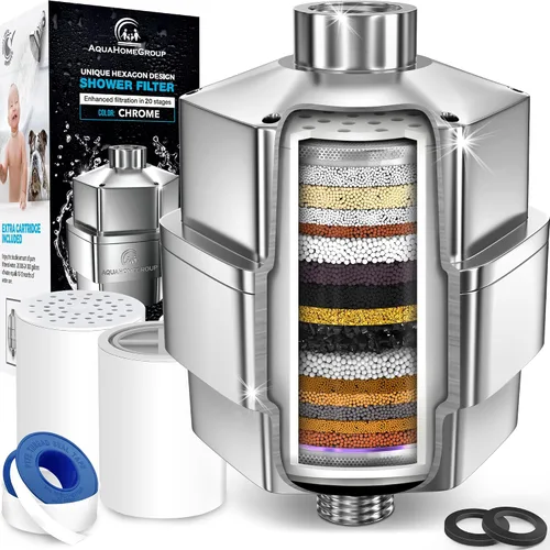 Miniatura 10 de AquaHomeGroup Filtro de ducha de 20 etapas, reduce el cloro, los metales pesados y los sedimentos, vitamina C y E, alto rendimiento, ajuste Negro