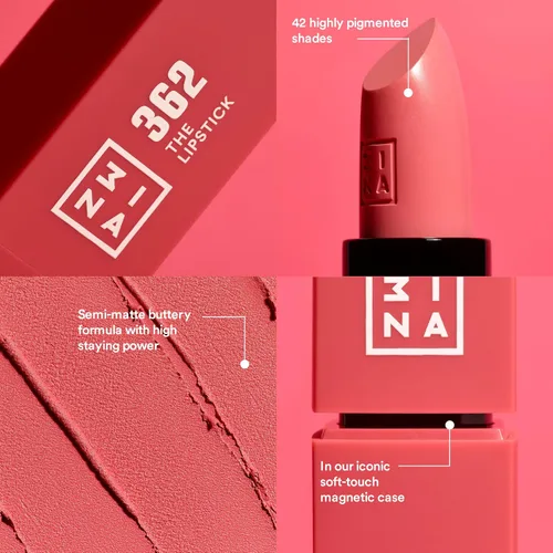 Miniatura 3 de 3INA The Lipstick - Lápiz labial hidratante para mujer, acabado satinado semimate con 5 horas de uso prolongado, altamente pigmentado y cómodo