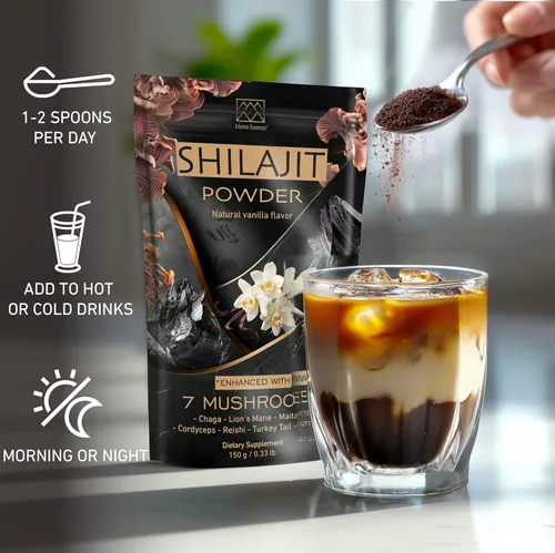 Miniatura 3 de Gold Shilajit Polvo y 7 complejo de hongos – Energía, enfoque y apoyo cerebral – Melena de león, Chaga, Reishi, Cordyceps, cola de pavo – Sabor a