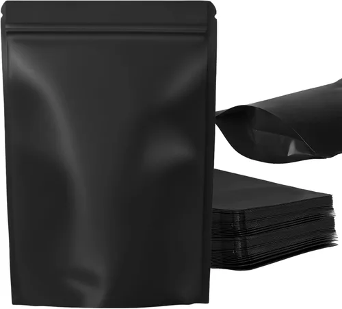 Paquete de 100 bolsas resellables de pie, a prueba de olores, bolsas de papel de aluminio sellables para embalaje (negro, 3.5 x 5.1 pulgadas)