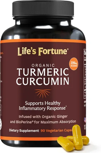 Life's Fortune Curcumina de cúrcuma orgánica con pimienta negra y jengibre, absorción mejorada, suplemento extra fuerte, apoyo articular e