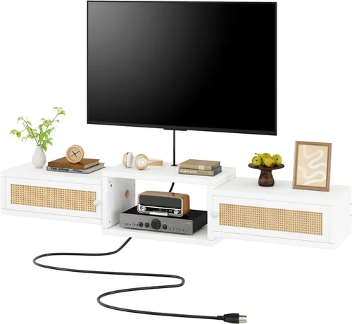 Miniatura 11 de IBUYKE Soporte flotante moderno de ratán para TV con puertas, estante de TV montado en la pared para televisores de hasta 55 pulgadas, consola