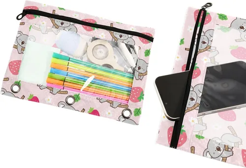Miniatura 4 de Estuche para lápices para carpetas de 3 anillos con cremallera, se adapta a carpetas estándar, estuche de lápices de koala de fresa para oficina