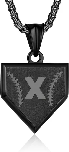 Miniatura 10 de Collar con inicial de la A a la Z para niños, de acero inoxidable, con dije de escudo de letra, cadena de 22 + 2 pulgadas, inspirador de béisbol