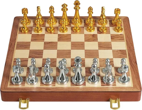 Miniatura 9 de BIVOMON Juego de ajedrez de metal para adultos y niños, tablero de ajedrez de madera plegable de 12 pulgadas con piezas de ajedrez de metal, juego
